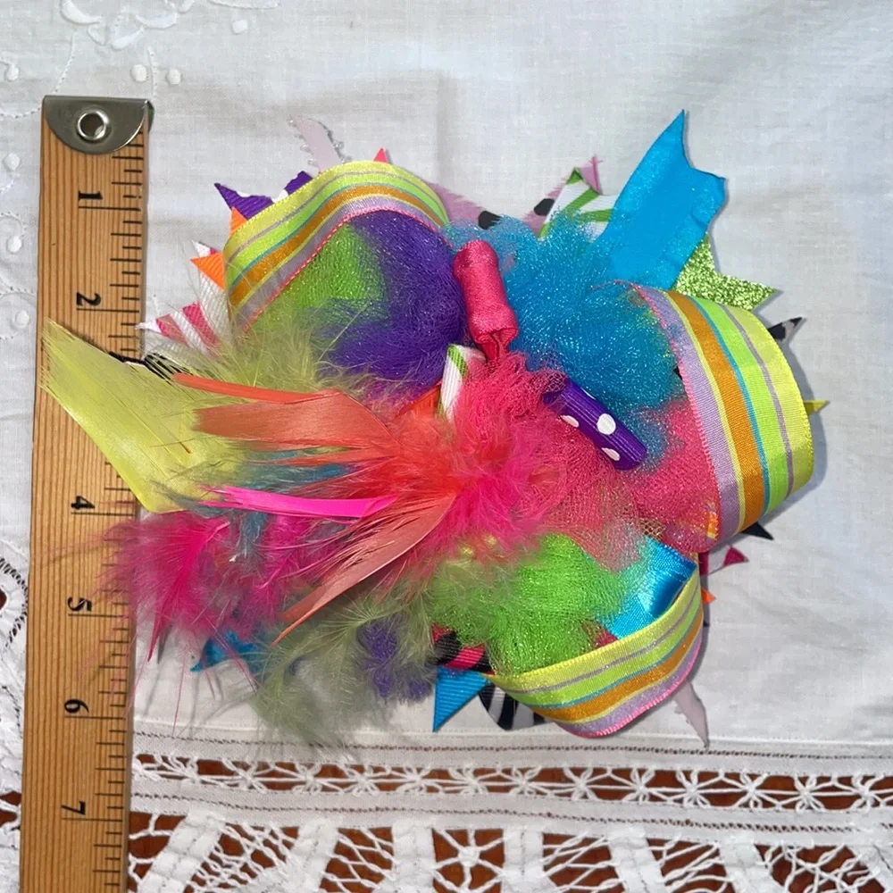 Girls Large Custom Boutique Hair Bow Feathers Rainbow Ribbon Zebra Polka Dot